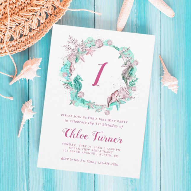 Cyan & Pink Pastel Under the Sea First Birthday Invitation (Creator Uploaded)