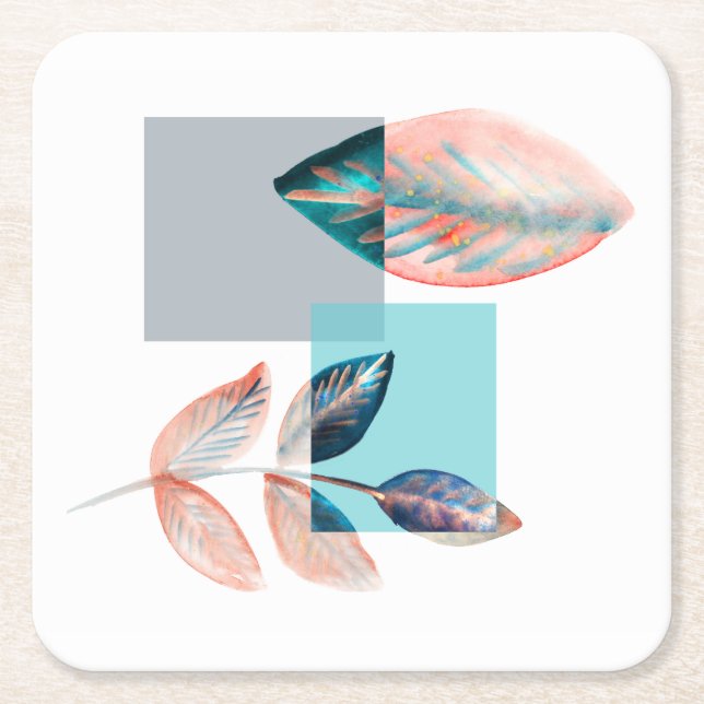 Cyan Red Leaf Square Paper Coaster (Front)