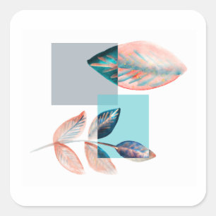 Cyan Red Leaf Square Sticker