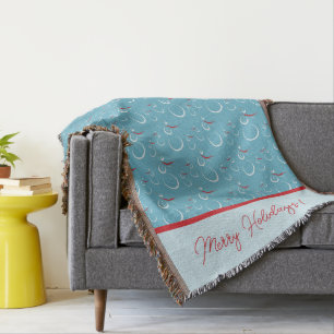 Cyan Red Merry Holidays Cute Snowman Pattern Throw Blanket