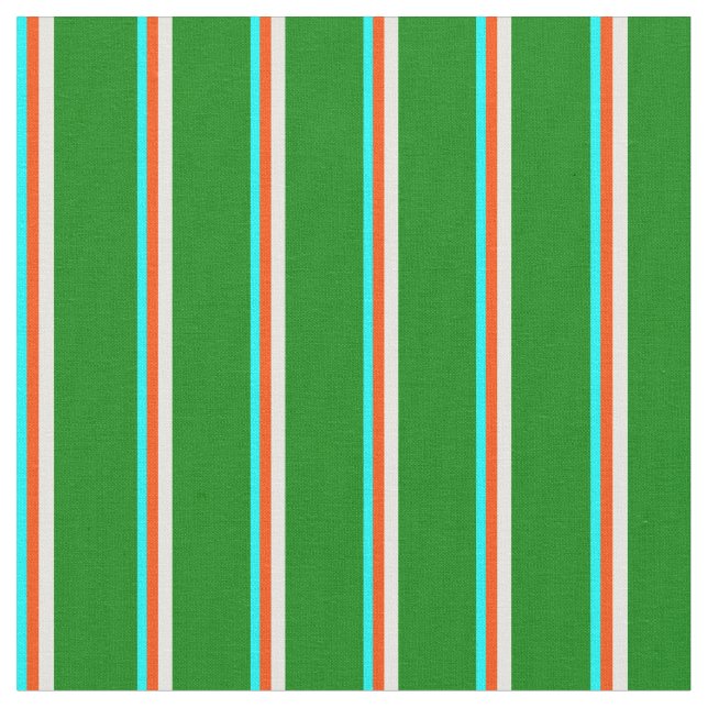 Cyan, Red, Mint Cream & Green Lines Fabric (Close Up)