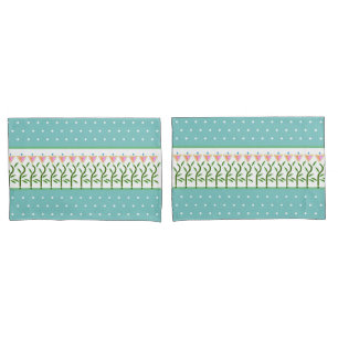 Cyan seagreen with white spots and floral border pillowcase