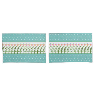 Cyan  seagreen with white spots and floral border pillowcase