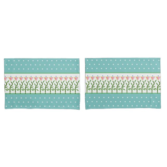 Cyan  seagreen with white spots and floral border pillowcase (Front-Set)