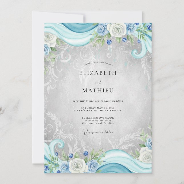 Cyan Silver Filigree Eucalyptus Wedding Invitation (Front)