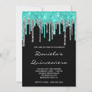 Cyan Silver Glitter Drips Black Quinceañera Invitation