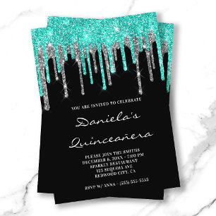 Cyan Silver Glitter Drips Black Quinceañera Invitation