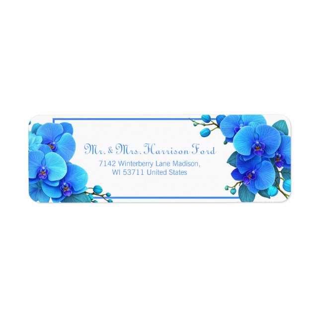 Cyan Sky Blue Botanical Orchid Return Address (Front)