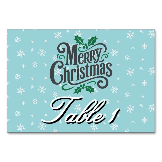 Cyan Snowflake Pattern Personalised Holiday Table Number (Front)