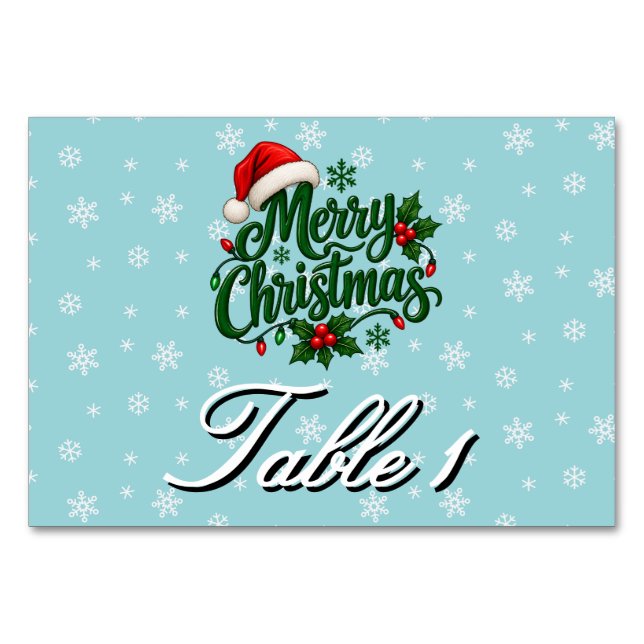 Cyan Snowflake Pattern Personalised Holiday Table Number (Front)