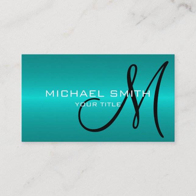 Cyan Stainless Steel Metal Monogram Business Card (Front)