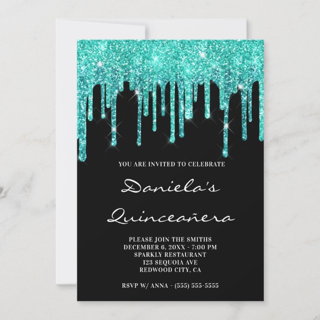 Cyan Teal Glitter Drips Black Quinceañera Invitation (Front)