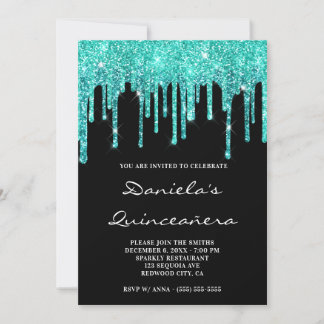 Cyan Teal Glitter Drips Black Quinceañera Invitation