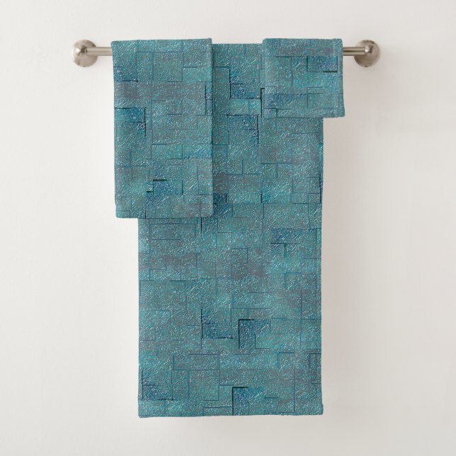 Cyan to grey texture shaped mosaic cutouts bath towel set (Insitu)