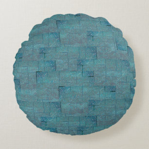 Cyan to grey texture shaped mosaic cutouts round cushion