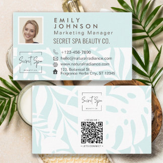 Cyan Tropical Botanical Leaf Beauty & Spa Photo QR Business Card