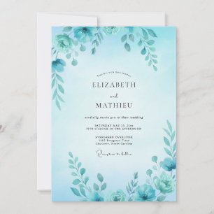 Cyan Watercolor Leafy Wedding Invitation