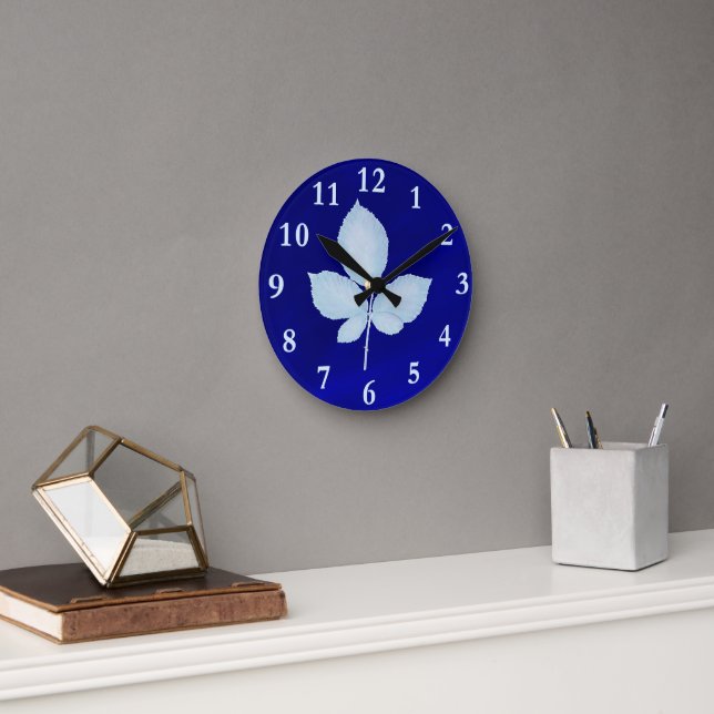 Cyano Print Bramble Leaves Round Clock (Office)