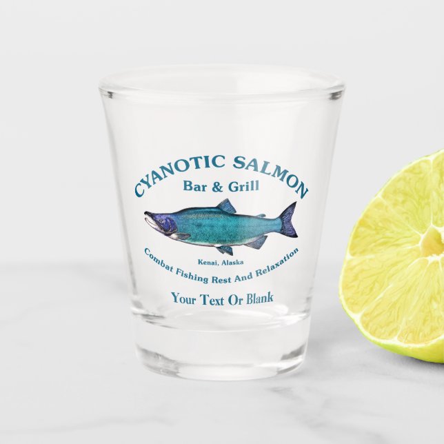 Cyanotic Salmon Bar & Grill Shot Glass (Front)