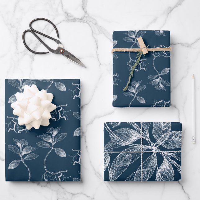 Cyanotype Blue and White Botanicals Wrapping Paper Sheet (Front)