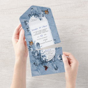 Cyanotype Flowers with Visiting Butterflies. All All In One Invitation