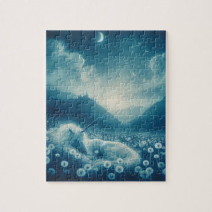 Cyanotype Sleeping Unicorn Dandelion Dreams Jigsaw Puzzle
