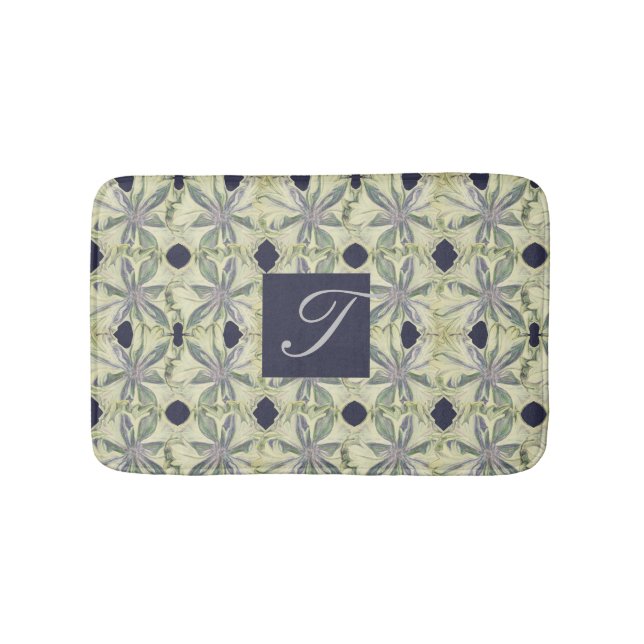 Cyanus Flower and Navy Bl. Monogram Bath Mat (Front)