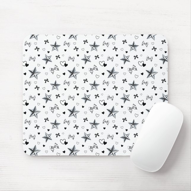 Cyber Balletcore Silver Star Ribbon Pattern White Mouse Mat (With Mouse)