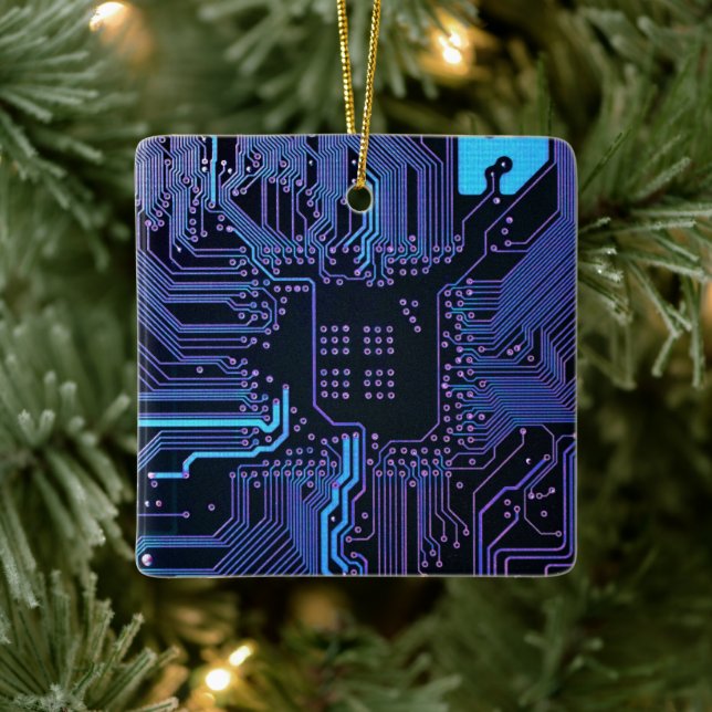 Cyber Blue PCB Circuit Board Trace Pattern Art Ceramic Ornament (Tree)