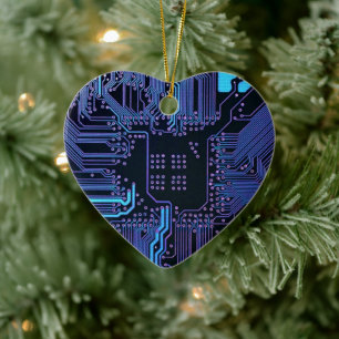Cyber Blue PCB Circuit Board Trace Pattern Art Ceramic Tree Decoration