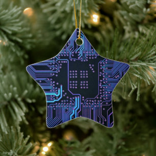 Cyber Blue PCB Circuit Board Trace Pattern Art Ceramic Tree Decoration