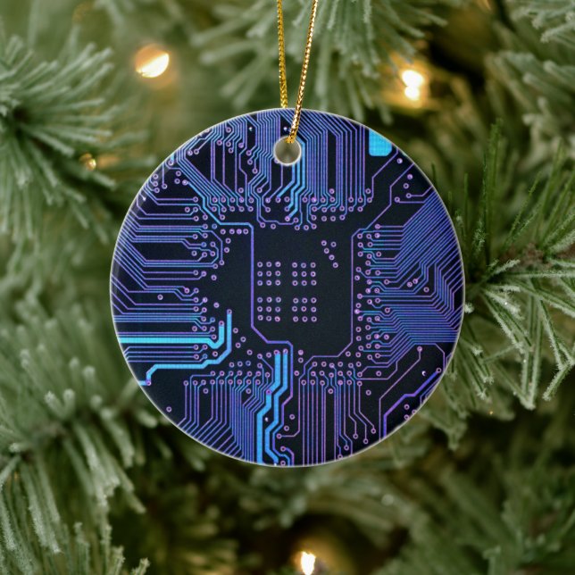 Cyber Blue PCB Circuit Board Trace Pattern Art Ceramic Tree Decoration (Tree)
