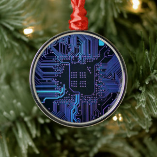 Cyber Blue PCB Circuit Board Trace Pattern Art Metal Tree Decoration