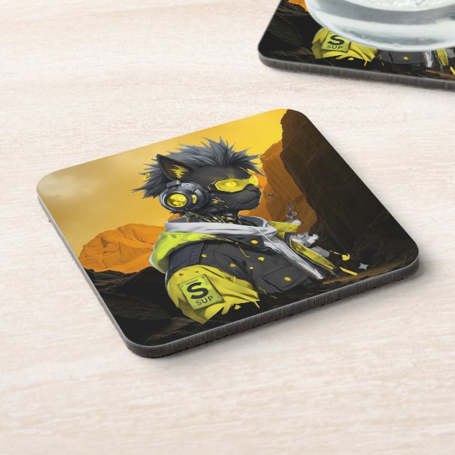 Cyber Cat | Futuristic Neon Hacker Cat Cyberpunk  Coaster (Left Side)