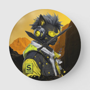 Cyber Cat   Futuristic Neon Hacker Cat Cyberpunk  Round Clock