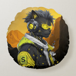 Cyber Cat Futuristic Neon Hacker Cat Cyberpunk Round Cushion