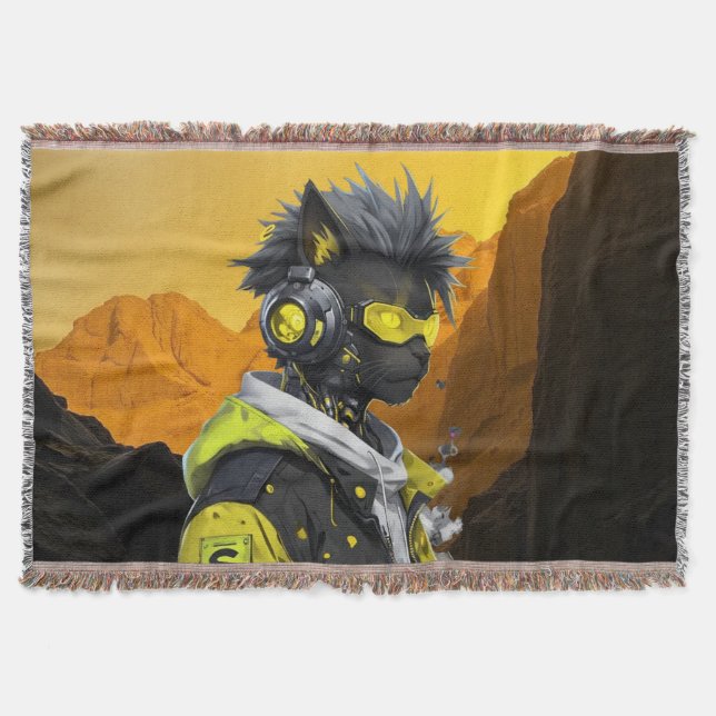 Cyber Cat | Futuristic Neon Hacker Cat Cyberpunk  Throw Blanket (Front)