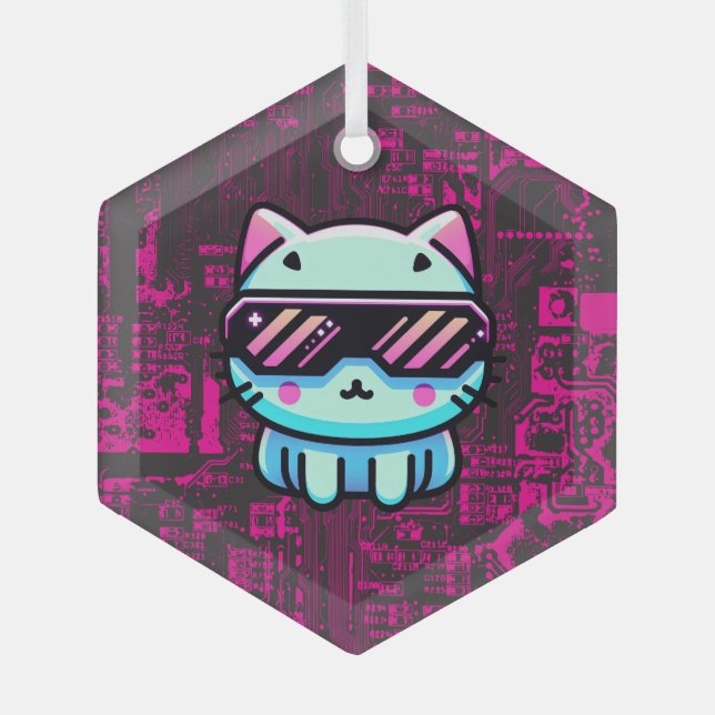 Cyber Cat Glass Tree Decoration (Front)
