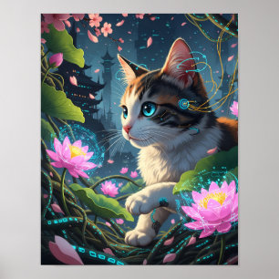 Cyber Cat Lotus Bloom Futuristic Feline Garden Poster
