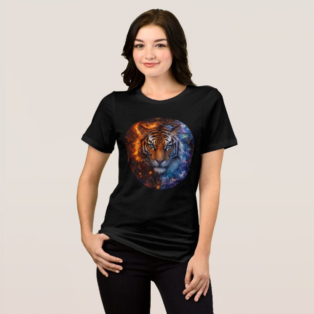 Cyber Elemental Tiger – Fire & Ice Fantasy Art Tri-Blend Shirt (Front Full)