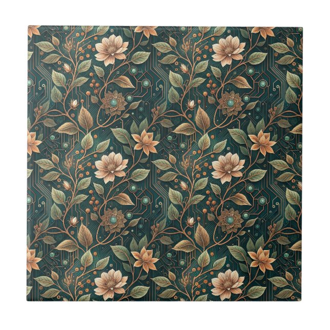Cyber Floral Tech Circuit Botanical Flowers Design Tile (Front)