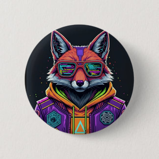 Cyber Fox Button Pin – Neon Streetwear Animal Art