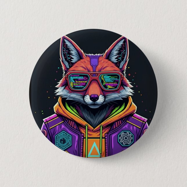 Cyber Fox Button Pin – Neon Streetwear Animal Art (Front)