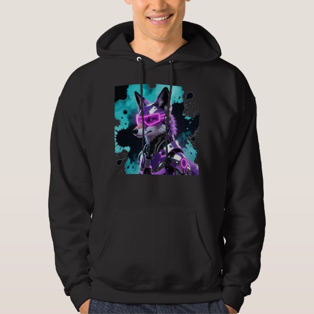 Cyber Fox Neon Futuristic Art Hoodie (Front)