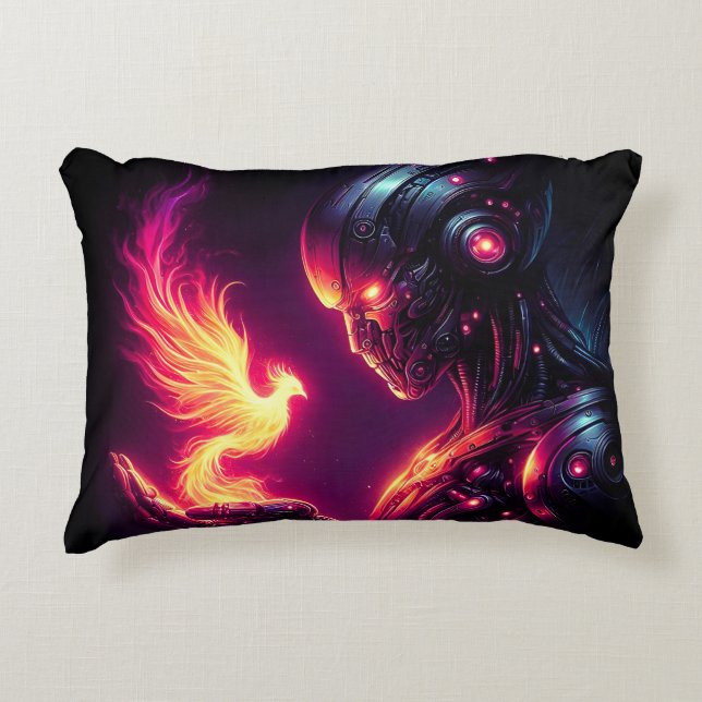 Cyber Futuristic Robot Phoenix Fire Spirit Decorative Cushion (Front)