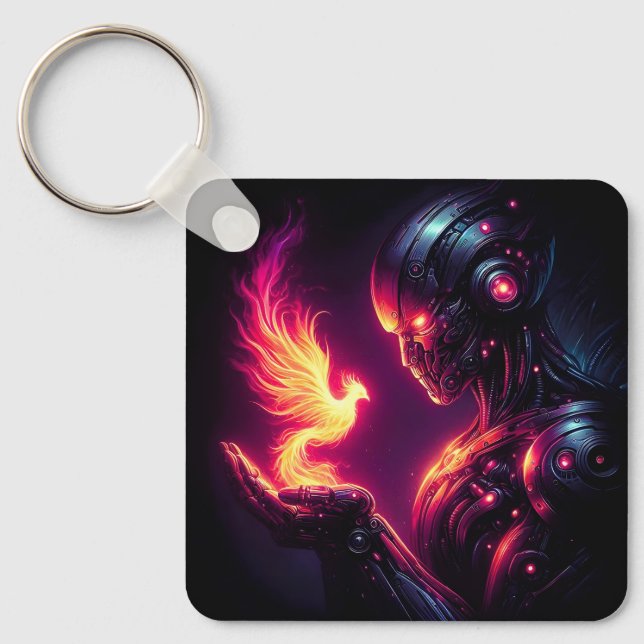 Cyber Futuristic Robot Phoenix Fire Spirit Key Ring (Front)