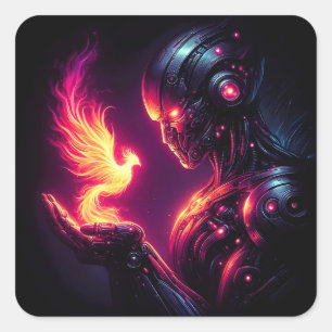 Cyber Futuristic Robot Phoenix Fire Spirit Square Sticker