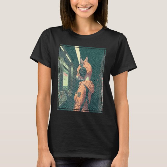 Cyber Futuristic Tech Cat on Tokyo Subway  Japan T-Shirt (Front)