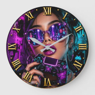 Cyber Gamer Queen Neon Gaming Woman Portrait Large Clock