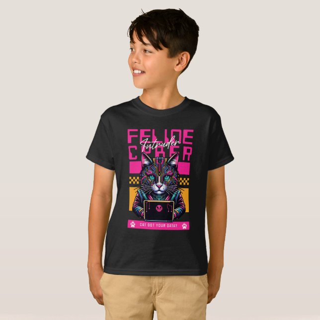 Cyber Hacker Cat - Feline Intruder Design T-Shirt (Front Full)